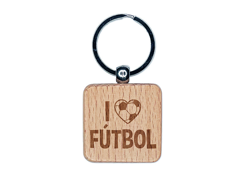 I Love Futbol Soccer Heart Shaped Ball Sports Engraved Wood Square Keychain Tag Charm