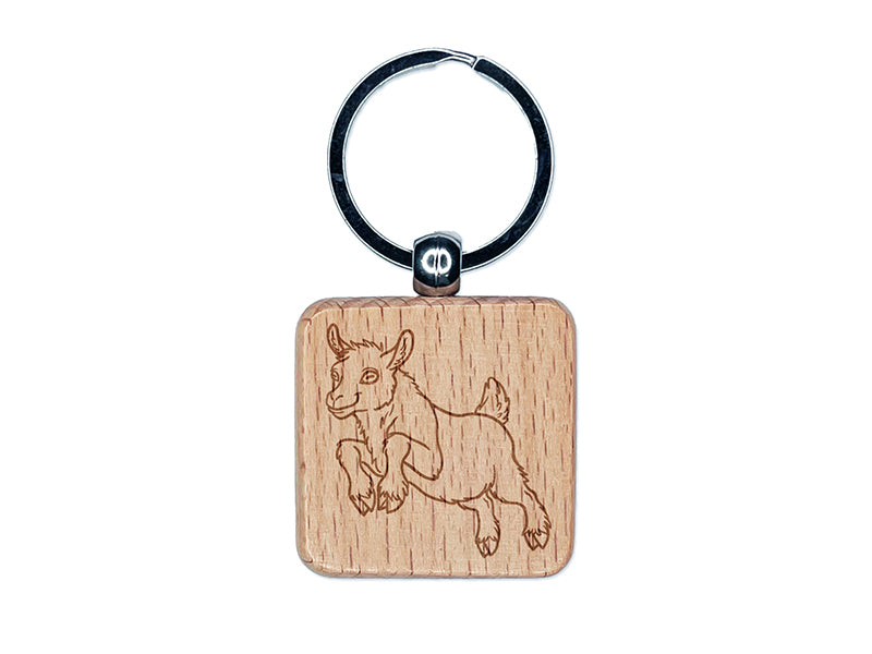 Jumping Baby Goat Engraved Wood Square Keychain Tag Charm