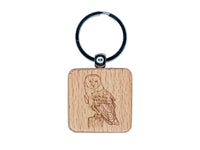 Magnificent Barn Owl Engraved Wood Square Keychain Tag Charm