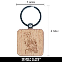 Magnificent Barn Owl Engraved Wood Square Keychain Tag Charm