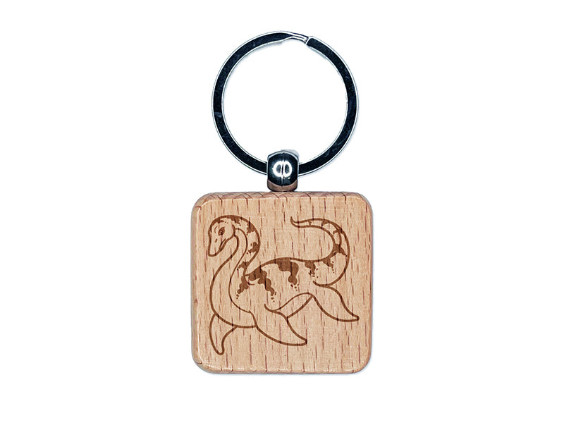 Nessie the Loch Ness Monster Swimming Engraved Wood Square Keychain Tag Charm