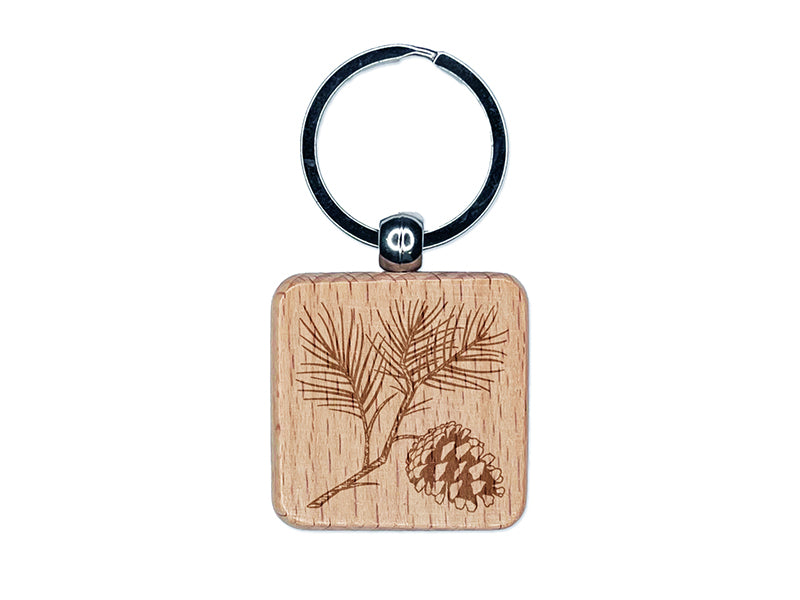 Pine Tree Branch with Pinecone Cone Winter Engraved Wood Square Keychain Tag Charm
