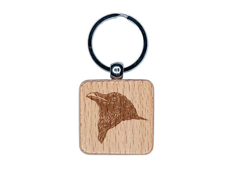 Realistic Crow Head Engraved Wood Square Keychain Tag Charm