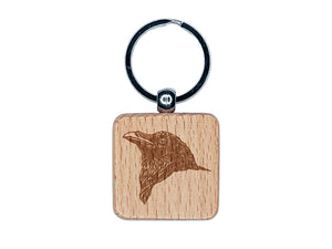Realistic Crow Head Engraved Wood Square Keychain Tag Charm