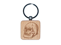 Realistic Human Skull Engraved Wood Square Keychain Tag Charm
