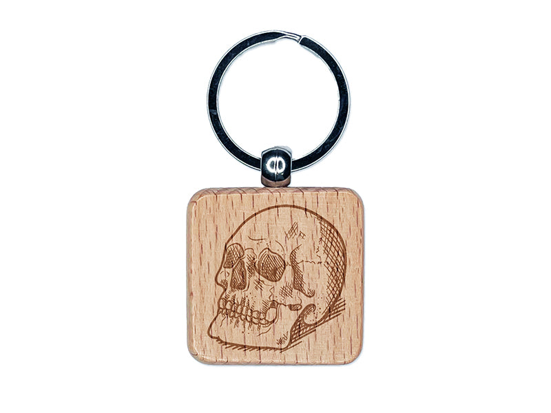 Realistic Human Skull Engraved Wood Square Keychain Tag Charm