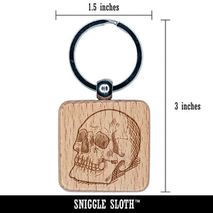 Realistic Human Skull Engraved Wood Square Keychain Tag Charm