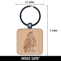 Regal Great Horned Owl Engraved Wood Square Keychain Tag Charm