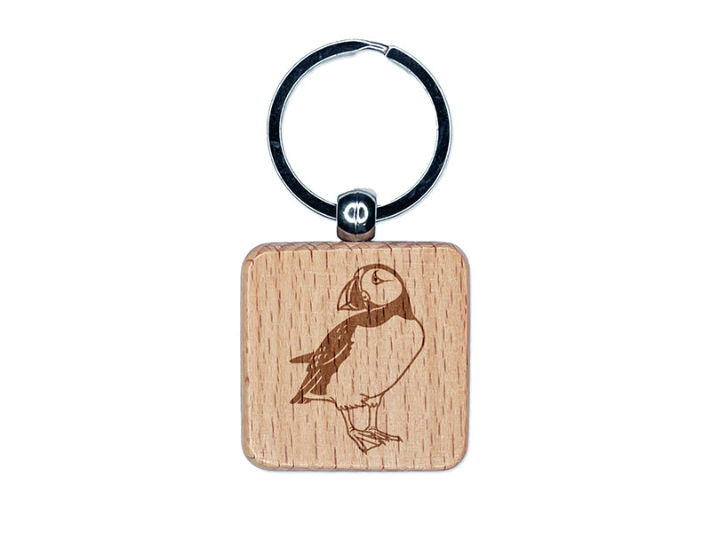 Shy Puffin Bird Engraved Wood Square Keychain Tag Charm
