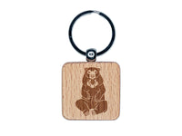 Sitting Malayan Sun Bear Engraved Wood Square Keychain Tag Charm