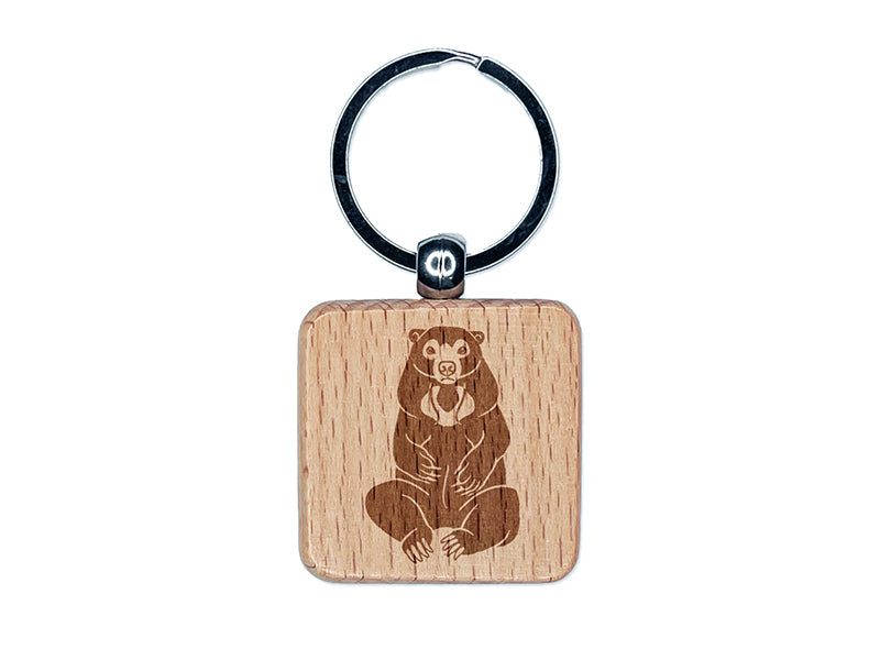 Sitting Malayan Sun Bear Engraved Wood Square Keychain Tag Charm