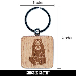 Sitting Malayan Sun Bear Engraved Wood Square Keychain Tag Charm