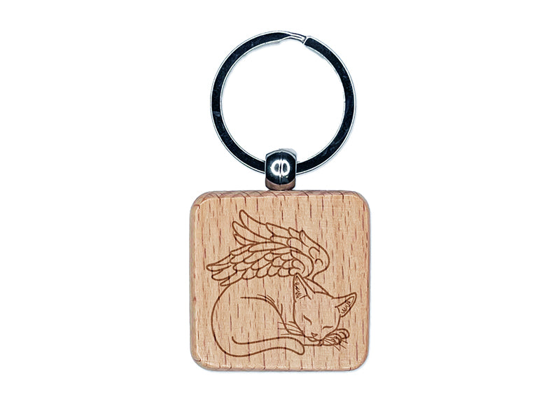 Sleeping Angel Cat Loss of Pet Engraved Wood Square Keychain Tag Charm