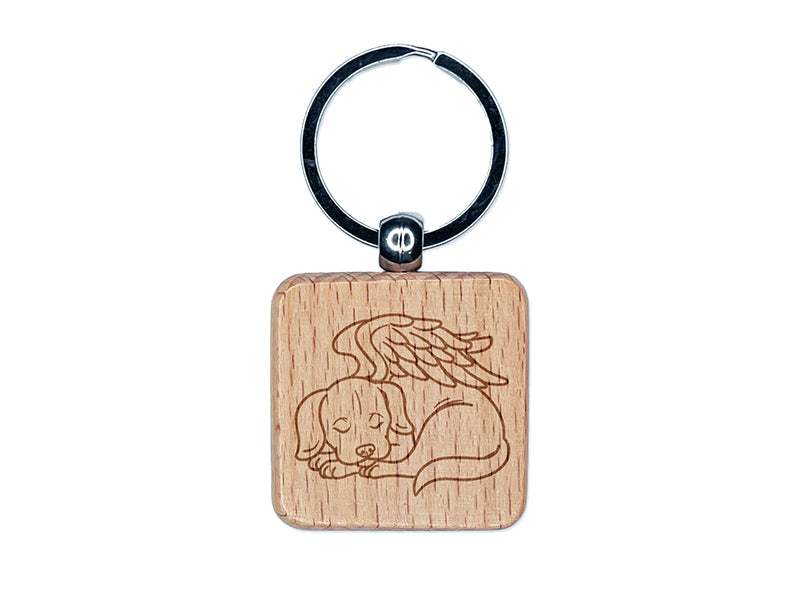 Sleeping Angel Dog Loss of Pet Engraved Wood Square Keychain Tag Charm