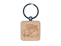 Sleeping Angel Dog Loss of Pet Engraved Wood Square Keychain Tag Charm