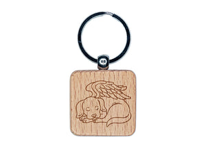 Sleeping Angel Dog Loss of Pet Engraved Wood Square Keychain Tag Charm