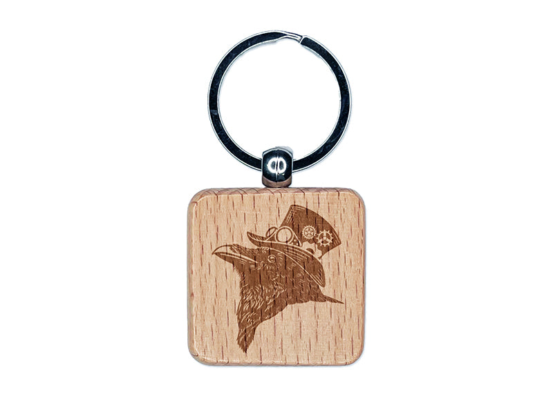 Steampunk Crow in Top Hat with Goggles and Gears Engraved Wood Square Keychain Tag Charm