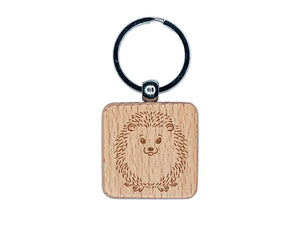 Sweet Hedgehog Front Engraved Wood Square Keychain Tag Charm