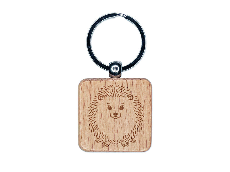 Sweet Hedgehog Front Engraved Wood Square Keychain Tag Charm