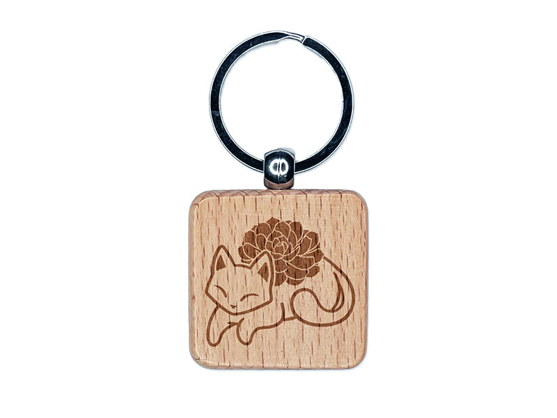 Sweet Little Succulent Cat Engraved Wood Square Keychain Tag Charm