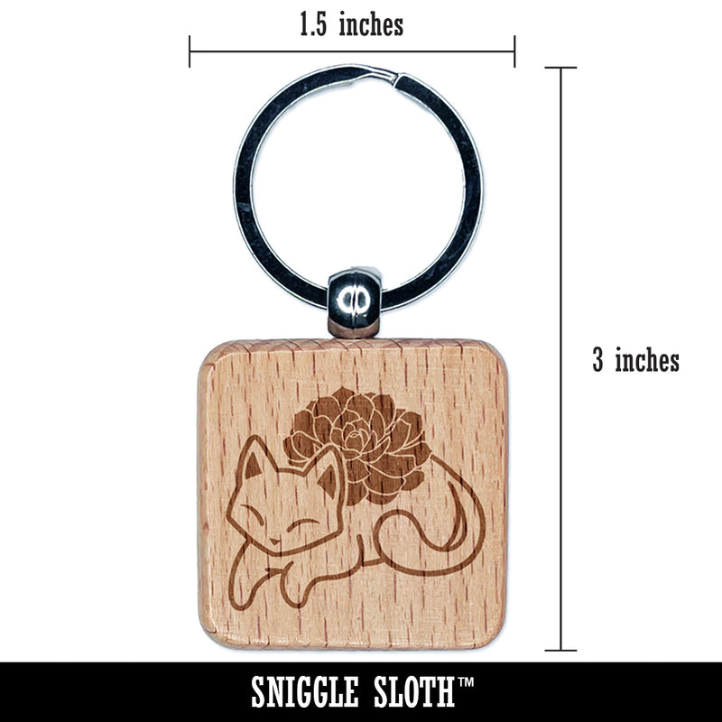 Sweet Little Succulent Cat Engraved Wood Square Keychain Tag Charm