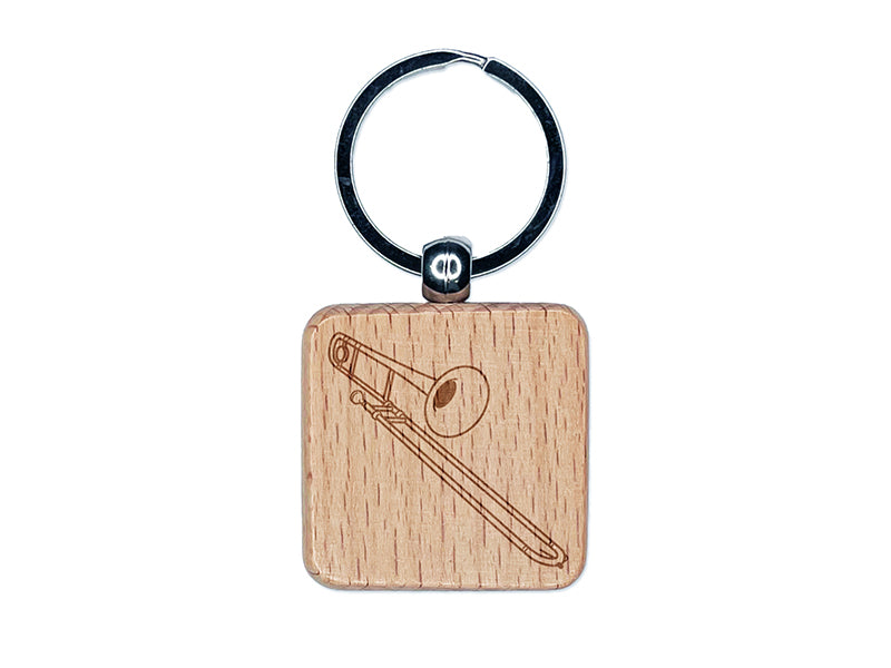 Tenor Trombone Brass Musical Instrument Engraved Wood Square Keychain Tag Charm