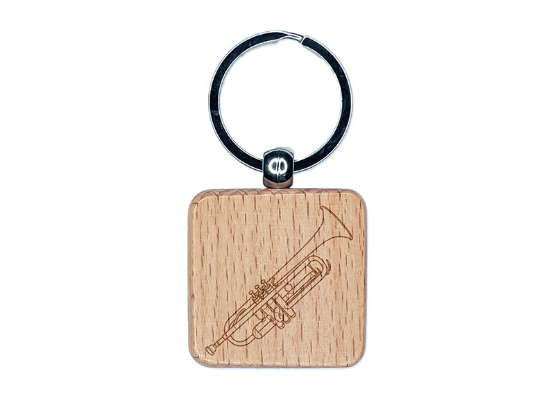 Trumpet Brass Musical Instrument Engraved Wood Square Keychain Tag Charm