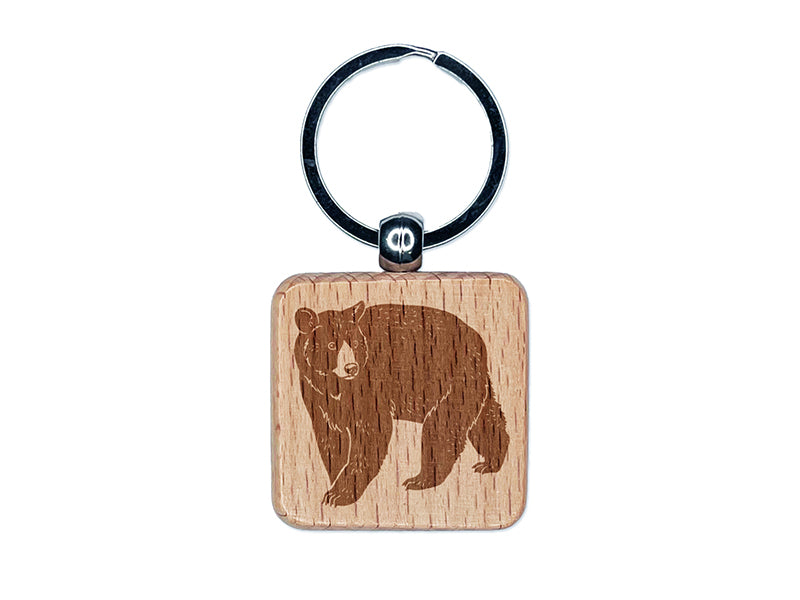 Walking American Black Bear Engraved Wood Square Keychain Tag Charm