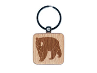 Walking American Black Bear Engraved Wood Square Keychain Tag Charm