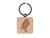 Watchful Burrowing Owl Engraved Wood Square Keychain Tag Charm