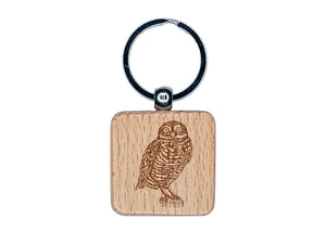 Watchful Burrowing Owl Engraved Wood Square Keychain Tag Charm