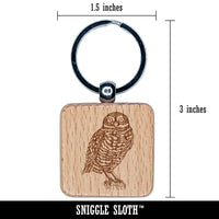 Watchful Burrowing Owl Engraved Wood Square Keychain Tag Charm