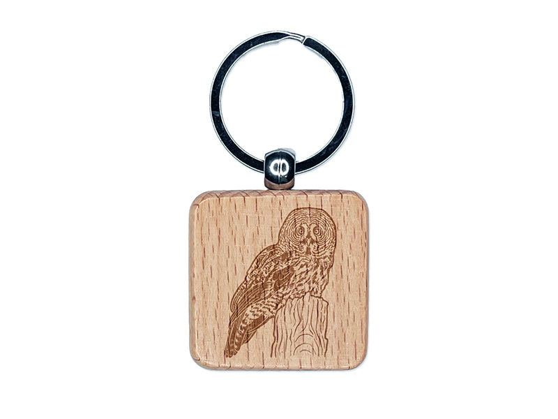 Wise Great Gray Owl Engraved Wood Square Keychain Tag Charm