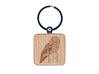 Wise Great Gray Owl Engraved Wood Square Keychain Tag Charm