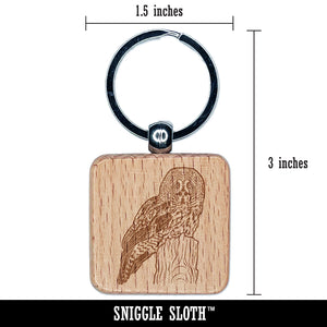 Wise Great Gray Owl Engraved Wood Square Keychain Tag Charm