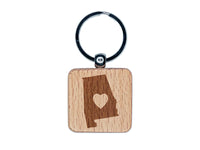 Alabama State with Heart Engraved Wood Square Keychain Tag Charm