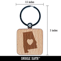 Alabama State with Heart Engraved Wood Square Keychain Tag Charm