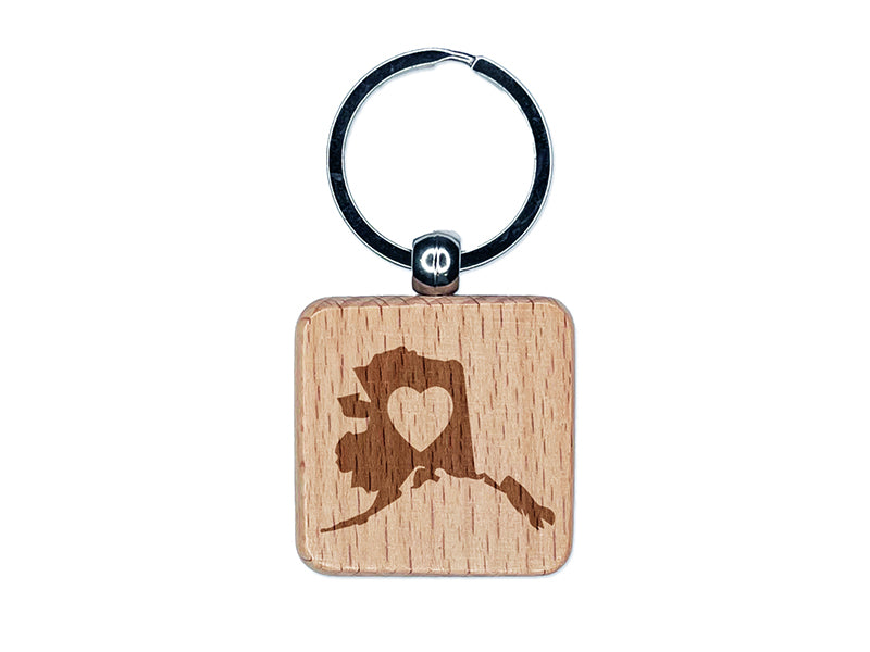 Alaska State with Heart Engraved Wood Square Keychain Tag Charm