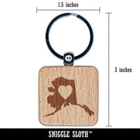 Alaska State with Heart Engraved Wood Square Keychain Tag Charm