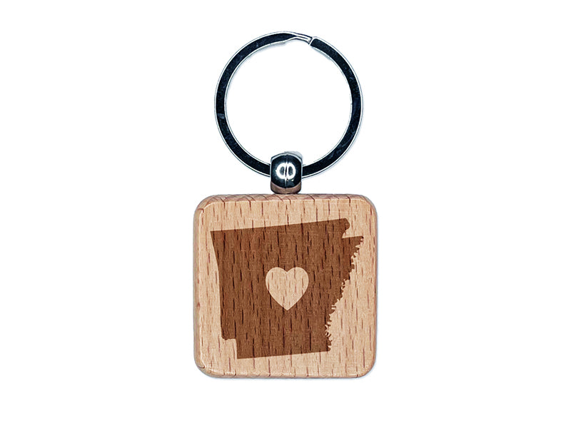 Arkansas State with Heart Engraved Wood Square Keychain Tag Charm