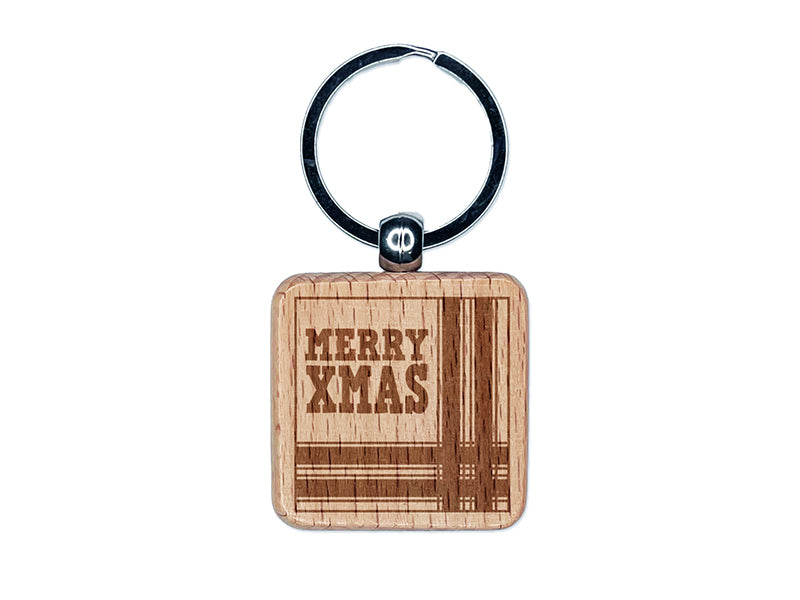 Merry Xmas Christmas with Corner Ribbon Engraved Wood Square Keychain Tag Charm