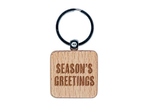 Season's Greetings Christmas Drop Shadow Text Engraved Wood Square Keychain Tag Charm