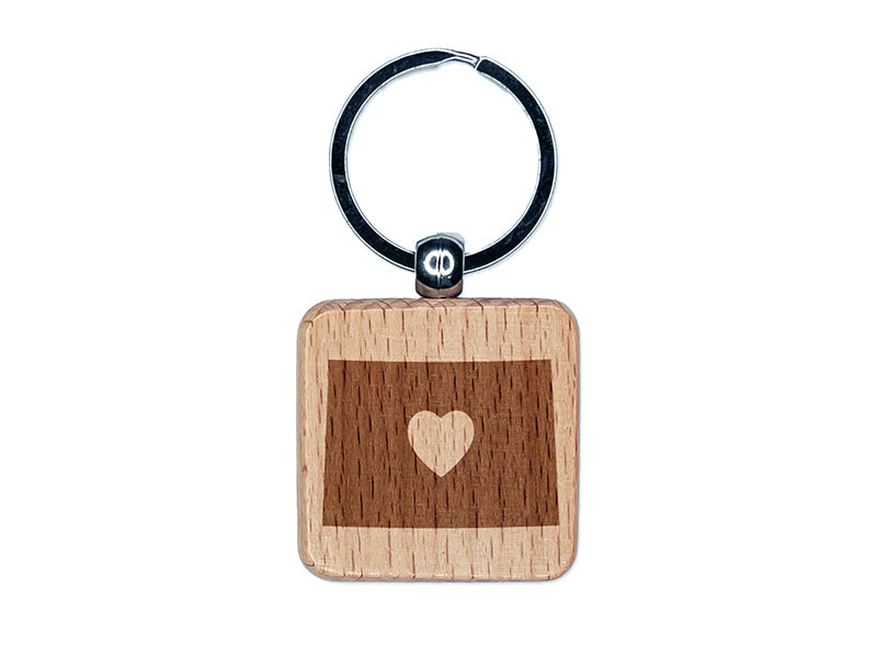 Colorado State with Heart Engraved Wood Square Keychain Tag Charm