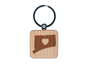 Connecticut State with Heart Engraved Wood Square Keychain Tag Charm