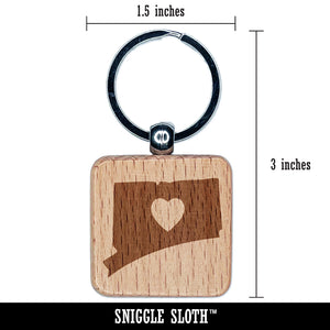 Connecticut State with Heart Engraved Wood Square Keychain Tag Charm