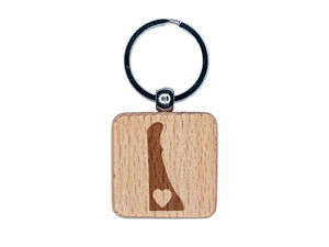 Delaware State with Heart Engraved Wood Square Keychain Tag Charm