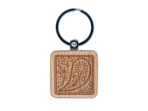 Floral and Swirly Paisley Square Engraved Wood Square Keychain Tag Charm