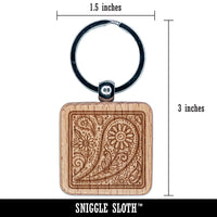 Floral and Swirly Paisley Square Engraved Wood Square Keychain Tag Charm