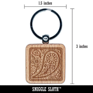 Floral and Swirly Paisley Square Engraved Wood Square Keychain Tag Charm