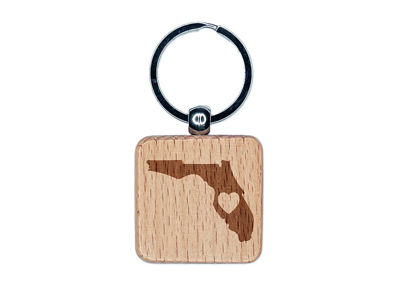 Florida State with Heart Engraved Wood Square Keychain Tag Charm